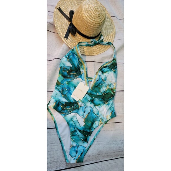 NWZLC Marble Print Halter V neck Gold Contrast Accent Size M - Picture 3 of 8